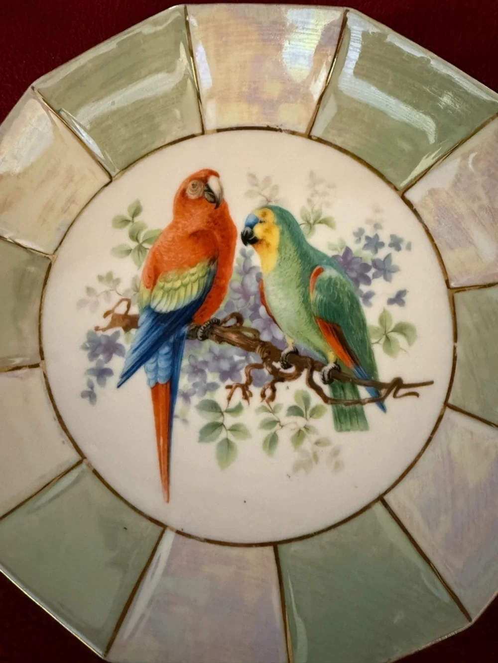 Vintage Bavarian Platter Plate Parrots Birds Iridescent W/ Gold Accents Handles